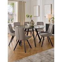 Very Home Marlow 130 Cm Round Smoked Glass Top Dining Table And 6 Fabric Chairs - Grey/Black