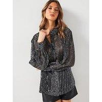 V By Very Sequin Longline Shirt - Grey