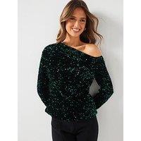 V By Very Off The Shoulder Sequin Top - Green