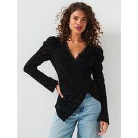 V By Very Wrap Velvet Lace Blouse - Black