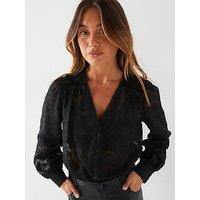 V By Very Jacquard Button Through Blouse - Black