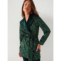 V By Very Sequin Tie Waist Blazer - Green