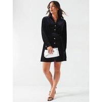 V By Very Velvet Belted Shirt Dress - Black
