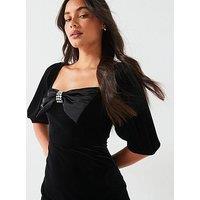 V By Very Bow Front Velvet Midi Dress - Black