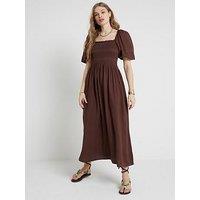 River Island Shirred Waist Midi Dress - Brown