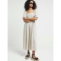 River Island Stripe Puff Sleeve Smock Midi Dress - Light Stone