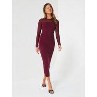 V By Very Mesh Yoke Compact Knit Pencil Dress - Dark Red