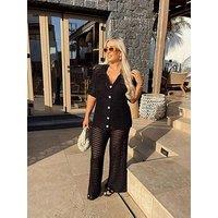 In The Style Hannah Brown Black Crochet Wide Leg Co-Ord Trousers