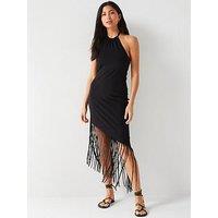 V By Very Sleeveless Jersey Halterneck Fringe Midi Dress - Black