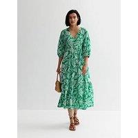 New Look Green Leaf Print Puff Sleeve Smock Midi Dress