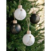 Very Home Set Of 4 Wood/Glass Noel Hanging Christmas Tree Decorations &Ndash; Black/White