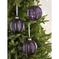 Very Home Set Of 3 Purple Large Ribbed Glass Christmas Tree Baubles