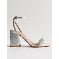 New Look Wide Fit Silver Diamante 2 Part Block Heel Sandals