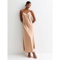 New Look Light Brown Open Strappy Back Satin Maxi Dress