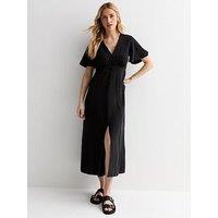 New Look Black Flutter Sleeve Button Through Midi Dress