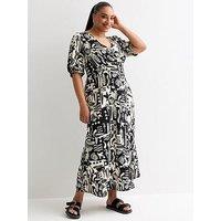 New Look Curves Black Beach Print Wrap Puff Sleeve Midi