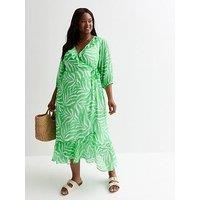 New Look Curves Green Leaf Print Frill Hem Wrap Midi Dress