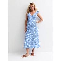 New Look Blue Polka Dot Frill-Trim Midi Dress