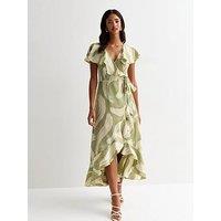 New Look Green Brush Stroke Ruffle Wrap Midi Dress