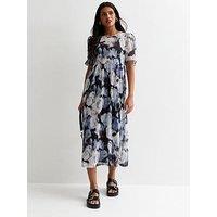 New Look Blue Rose Print Mesh Smock Midi Dress