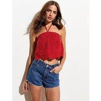 New Look Cotton Embroidered Halter Neck Crop Top - Bright Red