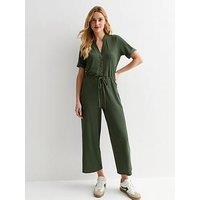 New Look Ribbed Drawstring Waist Jumpsuit - Khaki