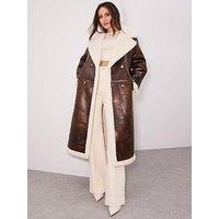 Michelle Keegan Longline Faux Shearling Coat - Brown