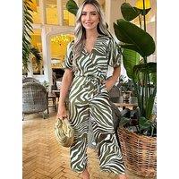 Ax Paris Print Wrap Top Tie Waist Jumpsuit - Green