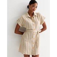 New Look Brown Stripe Pattern Utility Belted Shirt Mini Dress