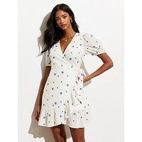 New Look White Embroidered Cotton Wrap Mini Dress