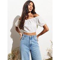 New Look White Cropped Palm Broderie Bardot Top