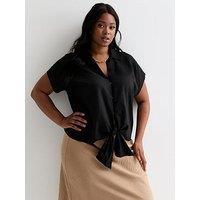 New Look Lou Linen-Blend Tie Front Shirt - Black