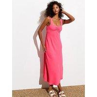 New Look Bright Pink Ruched Cut Out Back Midi Dress