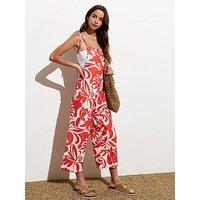 New Look Red Linen-Blend Abstract Print Strappy Jumpsuit