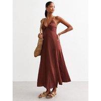 New Look Rust Linen Blend Ruched V Neck Slip Dress