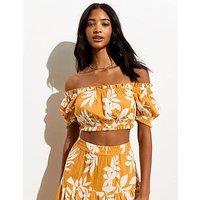 New Look Yellow Leaf-Print Bardot-Neckline Cropped Top