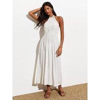 New Look Stone Cotton-Blend Halter Crochet Midi Dress
