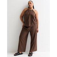 New Look Curves Dark Brown Linen Look Wide Leg Trousers