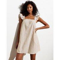 New Look Brown Frill Trim Cotton-Linen Blend Mini Dress