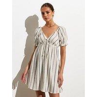 New Look Off White Stripe Crinkle-Cotton Frill Mini Tea Dress