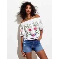 New Look White Cotton Tropical Embroidered Off-The-Shoulder Top