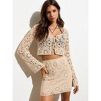 New Look Cream Cotton Long Sleeved Tie Detail Crochet Top