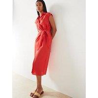 Mango Red Shirt-Style Short Sleeve Wrap Midi Dress