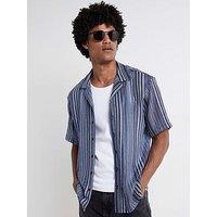 River Island Short Sleeve Regular Fit Crochet Stripe Revere Shirt - Blue