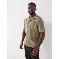 River Island Short Sleeve Regular Fit Revere Plisse Shirt - Khaki