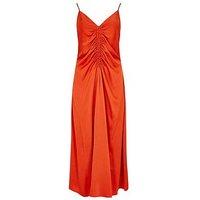 Apricot Satin Ruched A Line Midi Dress