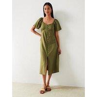 Mango Green Linen Mix V-Neck Midi Dress