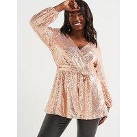 V By Very Curve Sequin Wrap Top - Gold