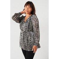 V By Very Curve Plisse Animal V-Neck Balloon Blouse - Print