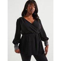 V By Very Curve Embellished Cuff & Shoulder Wrap Blouse - Black